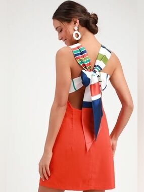 LuLu's Orange Striped Trim Sleeveless Midi Dress M